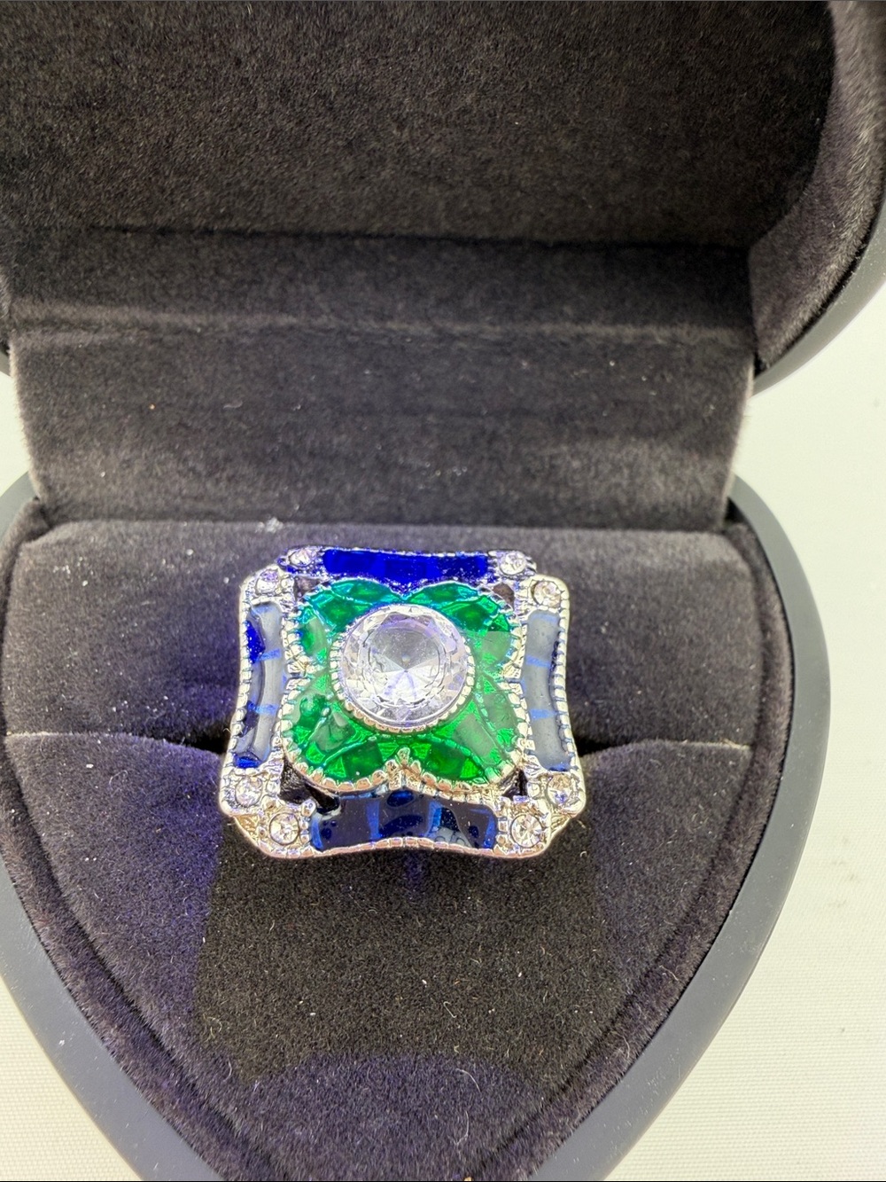 Vintage Emerald & Sapphire Enamel Cocktail Statement Ring - Women Jewelry